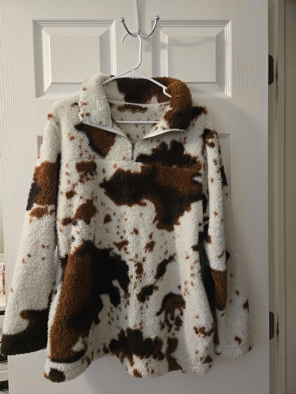 Cozy Cowprint Sherpa Pullover - Cream & Brown